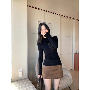 pusumede 慵懒time 半高领长袖针织衫女设计感褶皱修身打底衫上衣