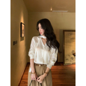 知性优雅 法式 醋酸衬衫 pusumede 女挂脖飘带长袖 衬衣通勤气质上衣