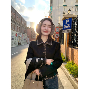 呢子上衣 小香风翻领毛呢外套女气质宽松短款 pusumede miu系名媛