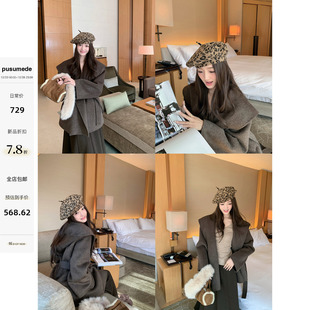 pusumede 100%羊毛双面呢外套女雅奢连帽收腰毛呢大衣 高智感千金