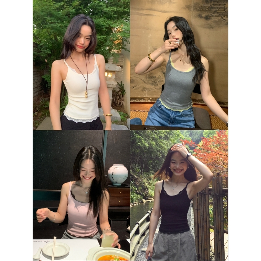 pusumede小心机~蕾丝拼接吊带背心女外穿纯欲风辣妹短款无袖上衣