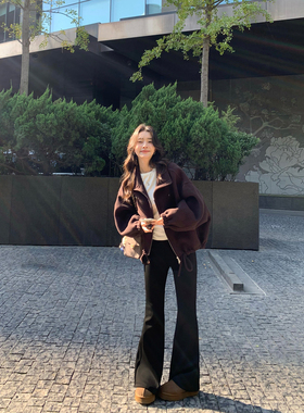 pusumede 冬日腿精 黑色高腰微喇休闲裤女弹力修身显瘦薄绒喇叭裤