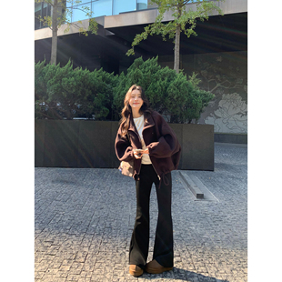 显瘦薄绒喇叭裤 pusumede 女弹力修身 黑色高腰微喇休闲裤 冬日腿精