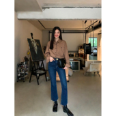 现货5.5折 蓝色喇叭牛仔裤 女修身 pusumede 显瘦复古九分直筒裤