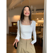 方领长袖 针织t恤女短款 修身 pusumede 显瘦百搭内搭黑色打底衫 上衣