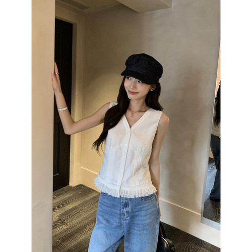 pusumede初恋月光 V领花边蕾丝背心女夏外穿别致小衫气质无袖上衣
