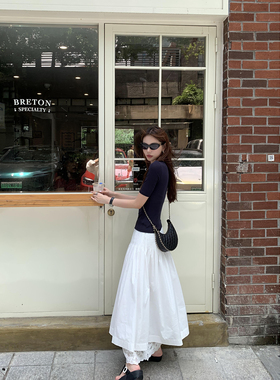 pusumede 夏日信笺 法式白色高腰半身裙女设计感蕾丝拼接a字伞裙