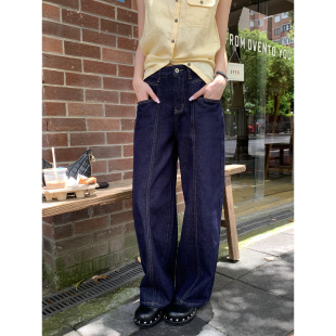 女宽松直筒休闲长裤 原色丹宁阔腿牛仔裤 现货5.5折 pusumede