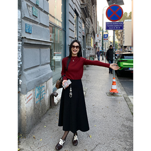 裙子 宽松伞裙a字中长款 pusumede 黑色高腰半身裙女秋冬2025新款