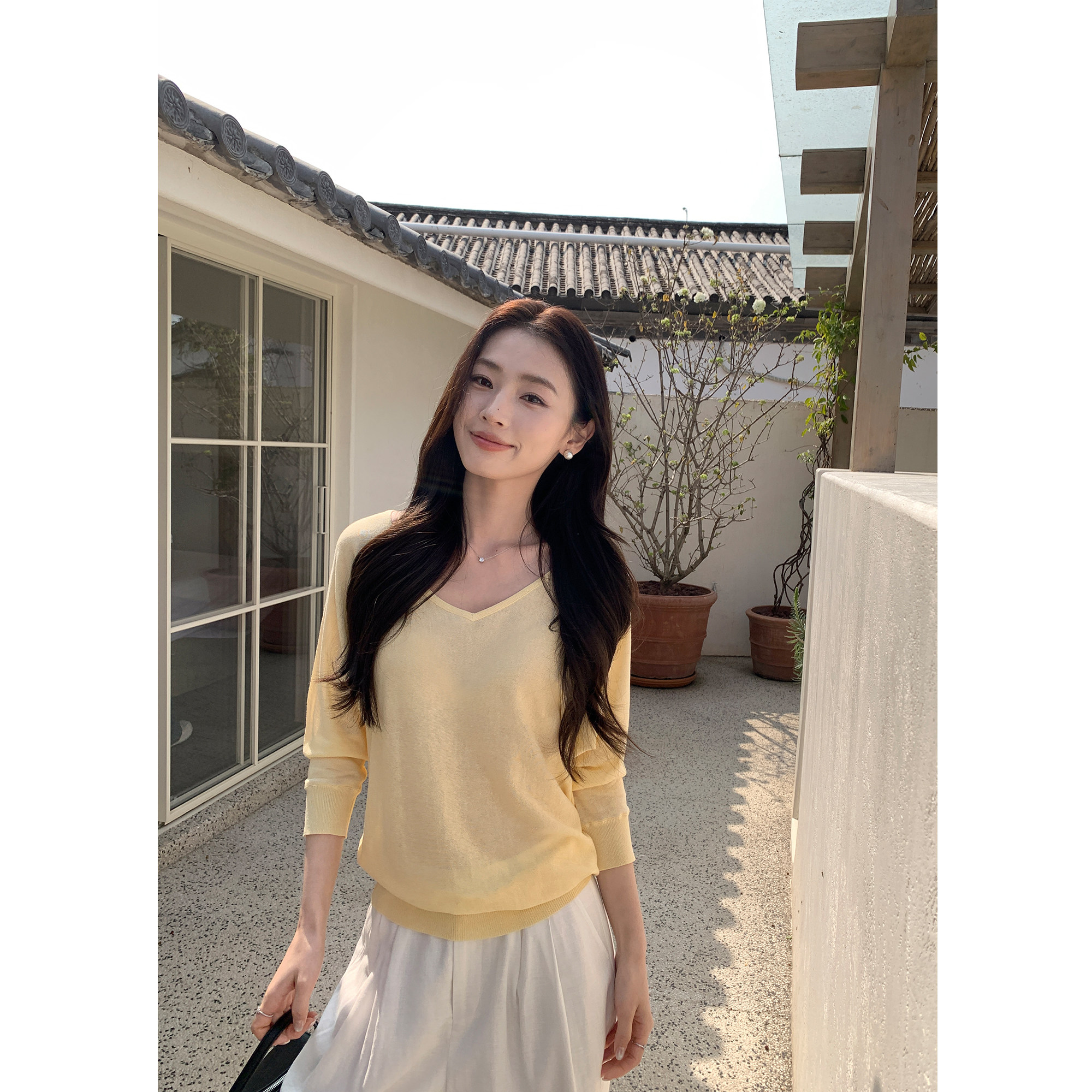 pusumede温柔协奏 v领蝙蝠袖薄款针织罩衫女慵懒七分袖防晒上衣