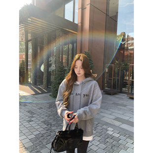 pusumede 曼切斯特 灰色刺绣连帽卫衣女慵懒风宽松加绒休闲上衣