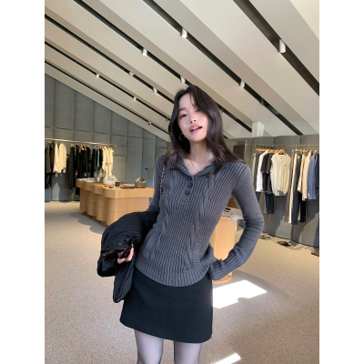 pusumede 少女老钱 海军领麻花收腰毛衣女气质修身打底套头针织衫