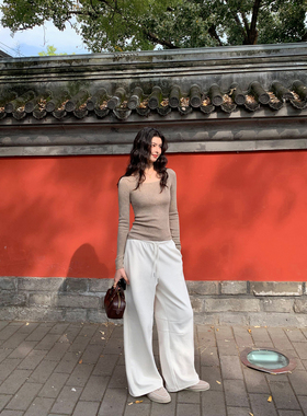 pusumede 通勤feel 高腰弯刀宽松阔腿卫裤女松紧腰直筒休闲长裤