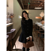 黑色假两件小香风连衣裙女法式 pusumede 卢塞恩信笺 收腰气质短裙