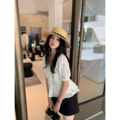 女刺绣别致娃娃衫 pusumede V领泡泡袖 衬衫 现货6.5折 夏日油画