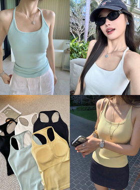 pusumede 夏日水光 带胸垫工字吊带背心女辣妹外穿修身无袖上衣
