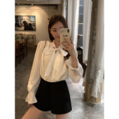 衬衣气质喇叭袖 女高级感白色长袖 上衣 衬衫 pusumede蝴蝶结绑带法式