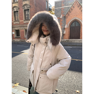 派克服保暖外套 休闲工装 pusumede毛领连帽白鸭绒羽绒服女冬季 新款