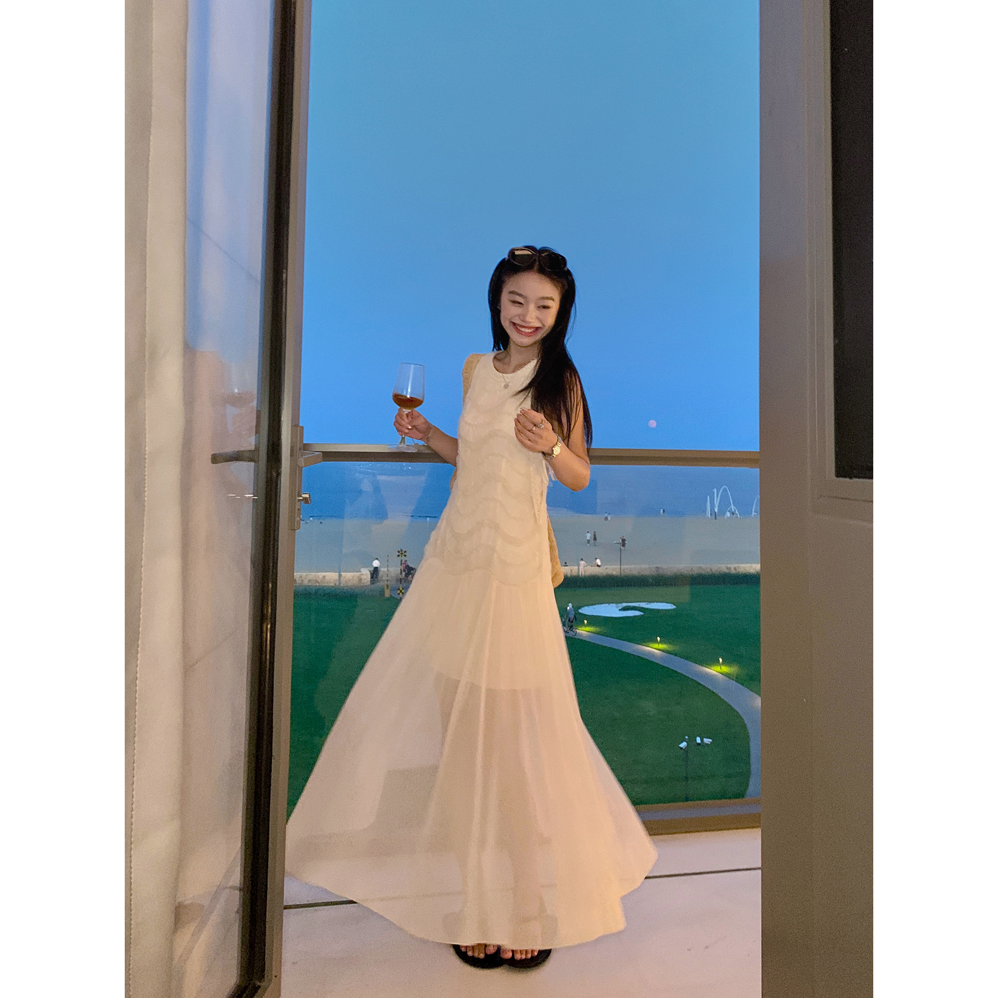 pusumede 【现货7折】美神降临 重工网纱拼接连衣裙背心裙长裙