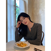 灰色圆领长袖 针织衫 女秋季 pusumede 气质百搭麻花毛衣打底衫 上衣