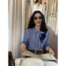 女长袖 蓝色蝴蝶结绑带条纹衬衫 衬衣气质上衣 转角街头 pusumede