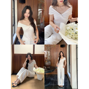 t恤女露肩修身 设计感扭结一字肩针织短袖 上衣 清冷艺术 pusumede