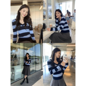 修身 pusumede 女套头长袖 v领条纹麻花针织衫 内搭上衣 小众玩家