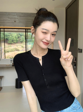pusumede 黑色莱赛尔针织短袖t恤女夏薄款修身显瘦正肩半袖上衣