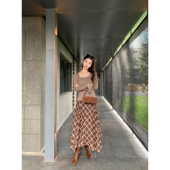 半裙 咖色格纹不规则半身裙女复古垂感压褶长款 pusumede 暮光之森