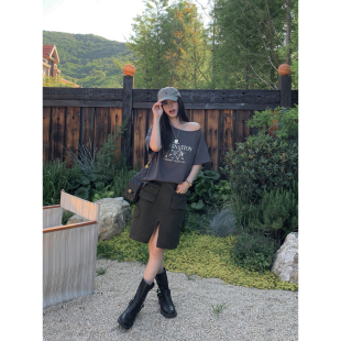 半身裙女设计感小众开叉直筒裙子 多口袋工装 pusumede 时髦天赋