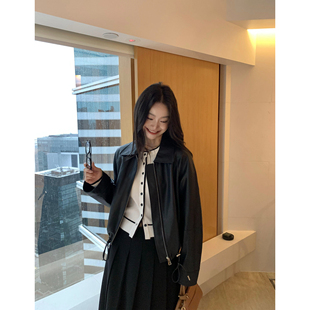 夹克 复古PU皮衣外套女设计感抽绳翻领短款 pusumede 现货6.5折