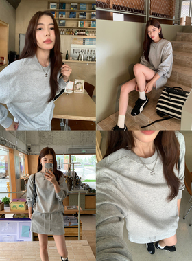 pusumede【现货6.5折】灰色圆领长袖卫衣女加绒休闲短裙子套装