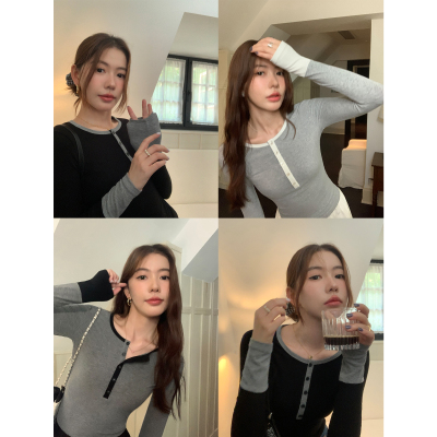 圆领撞色长袖针织t恤修身打底衫