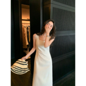 白色方领气质吊带连衣裙女无袖 pusumede 简约美学 背心裙收腰长裙