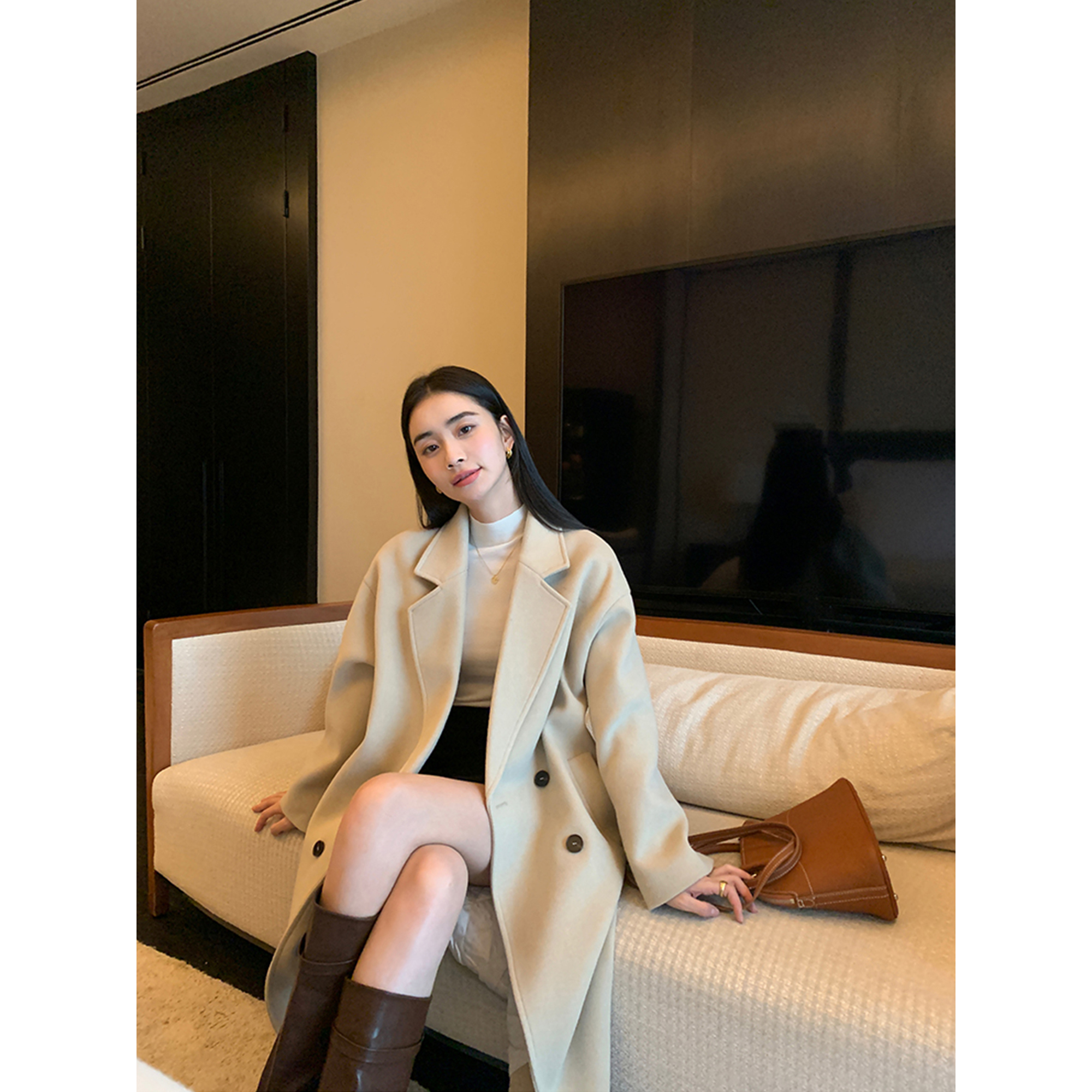 pusumede杏色气质夹棉毛呢外套女复古高级感宽松秋冬加厚呢子大衣