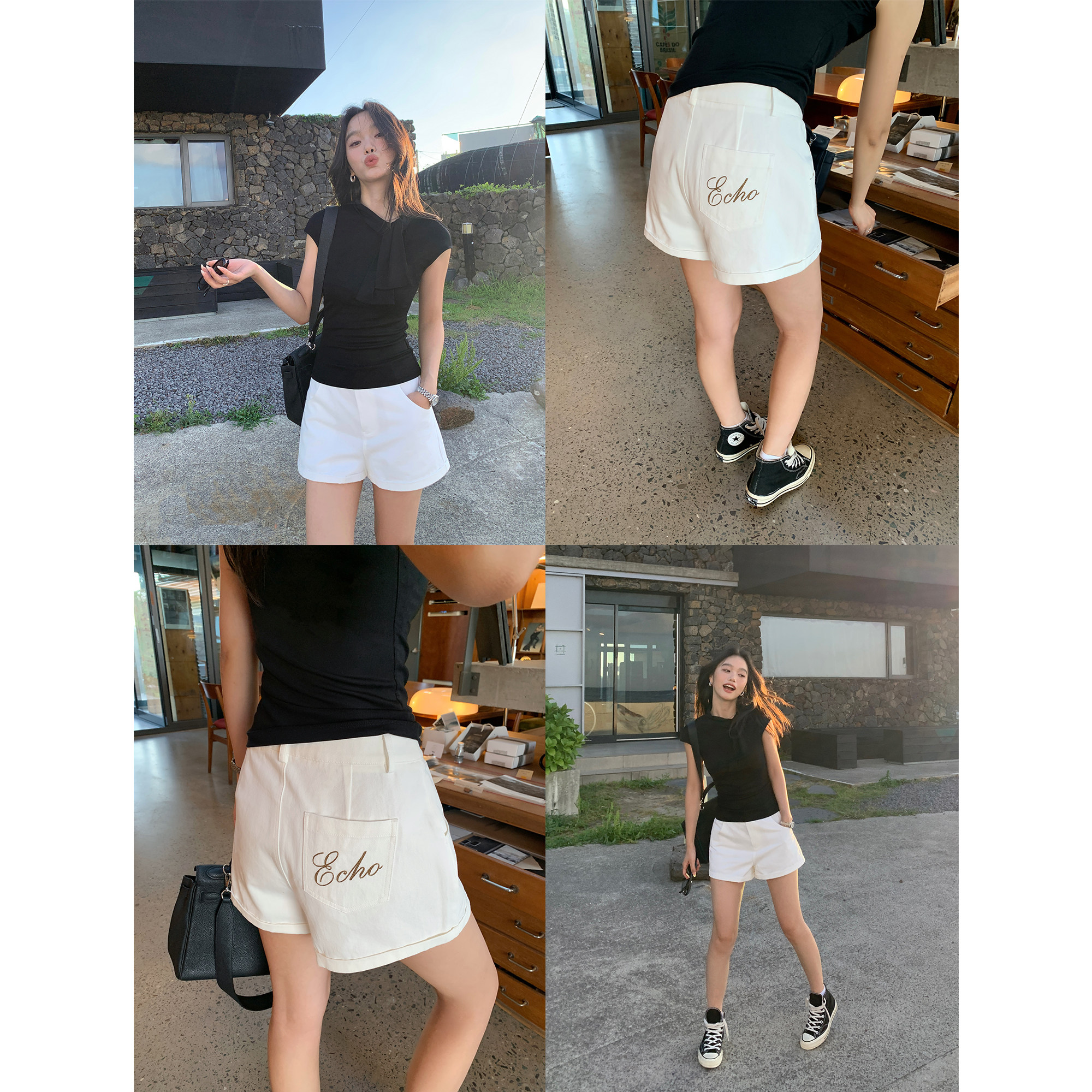 pusumede 腿精出击 纯棉休闲短裤夏季设计感刺绣宽松直筒a字热裤