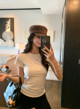 pusumede长期衣橱 基础款磨毛白色T恤女修身短袖圆领内搭打底上衣