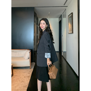 蕾丝拼接黑色西装 律政佳人 外套西服上衣 现货7折 pusumede