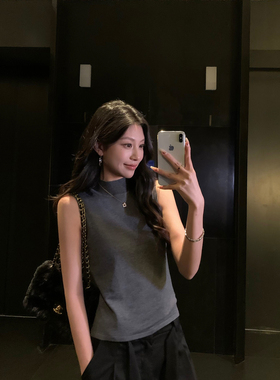 pusumede 高智lady 黑色半高领针织衫背心女修身无袖打底内搭上衣