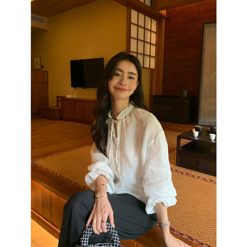 pusumede 白茶矢梦 1OO苎麻V领木耳边衬衫女防晒衬衣设计感上衣