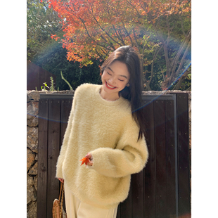 pusumede 安柏契约 仿貂毛软糯毛衣女气质宽松圆领套头针织衫上衣