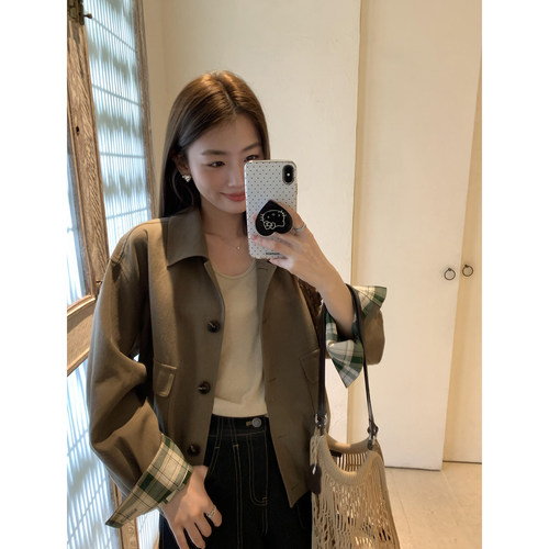 pusumede 垦丁艺术 复古工装外套女翻领宽松休闲短款夹克上衣