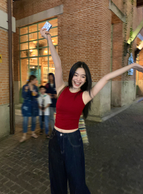 pusumede弹力修身短款针织吊带背心女夏外穿红色收腰露脐无袖上衣