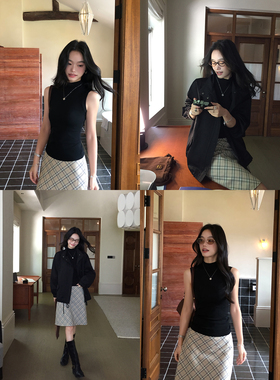 pusumede 简约日常 黑色半高领背心吊带女外穿修身气质T恤上衣