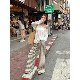 pusumede老钱风亚麻条纹裤松紧腰直筒休闲裤女慵懒松弛感阔腿裤