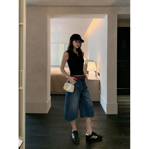pusumede美式复古牛仔裤女夏季阔腿七分裤高腰宽松直筒休闲裤中裤