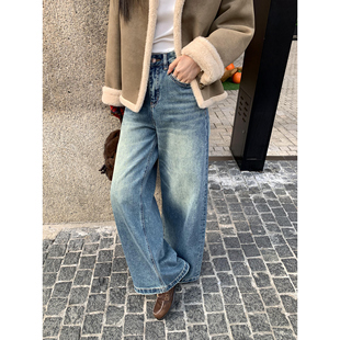 休闲直筒裤 pusumede 女高腰长裤 复古宽松阔腿牛仔裤 子 磨破做旧感