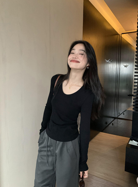 pusumede 打底Buff 黑色U领打底衫女长袖修身针织衫百搭内搭上衣