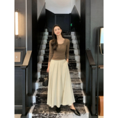 pusumede 高腰半身裙伞裙女A字大摆长裙气质黑色裙子 现货5.5折