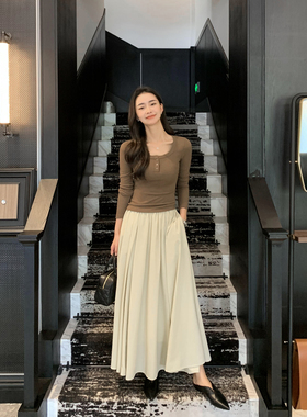 pusumede【现货5.5折】高腰半身裙伞裙女A字大摆长裙气质黑色裙子